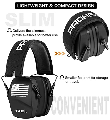 PROHEAR 016 Ear Protection Safety Earmuffs for Shooting, NRR 26dB Noise Reduction Slim Passive Hearing Protector with Low-Profile Earcups, Compact Foldable for Gun Range, Mowing (Patriot)