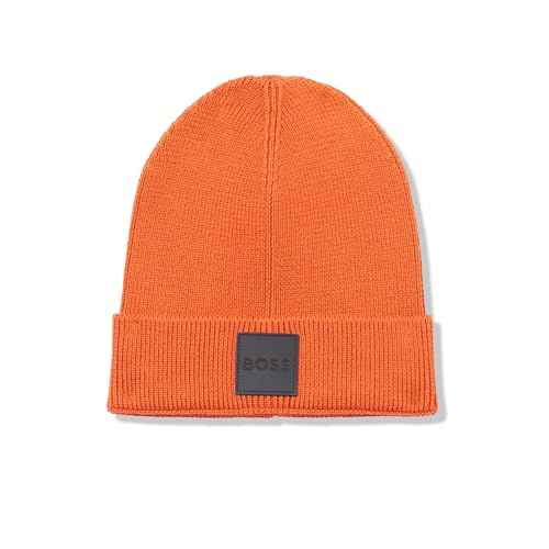 BOSS Men's Ribbed Beanie with Felt Woven Center Logo