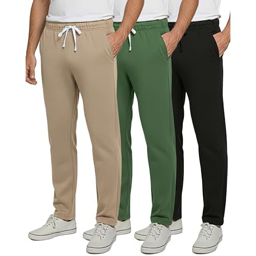 Real Essentials 3 Pack: Men's Tech Fleece Athletic Casual Open Bottom Sweatpants with Pockets (Available in Big & Tall)