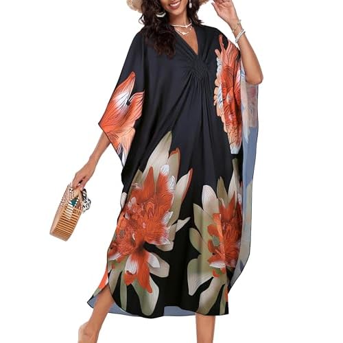 Kaftan Dresses for Women V Neck Caftans Long Batwing Sleeve Beach Cover Ups Summer Floral Print Dress