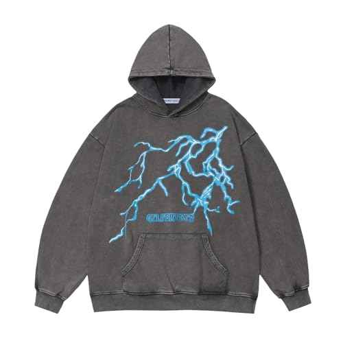 Aelfric Eden Mens Lightning Graphic Hoodies Print Oversized Unisex Streetwear Vintage Hoodie Y2k Sweatshirt Pocket Pullover