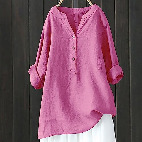 Generic Deals of The Day Clearance Womens Tops Linen 3/4 Sleeve Loose fit Women Oversized Button Shirt Womens Attire Dressy Casual Outfits Womens v Neck Shirts Women Trendy Hot Pink-4 L