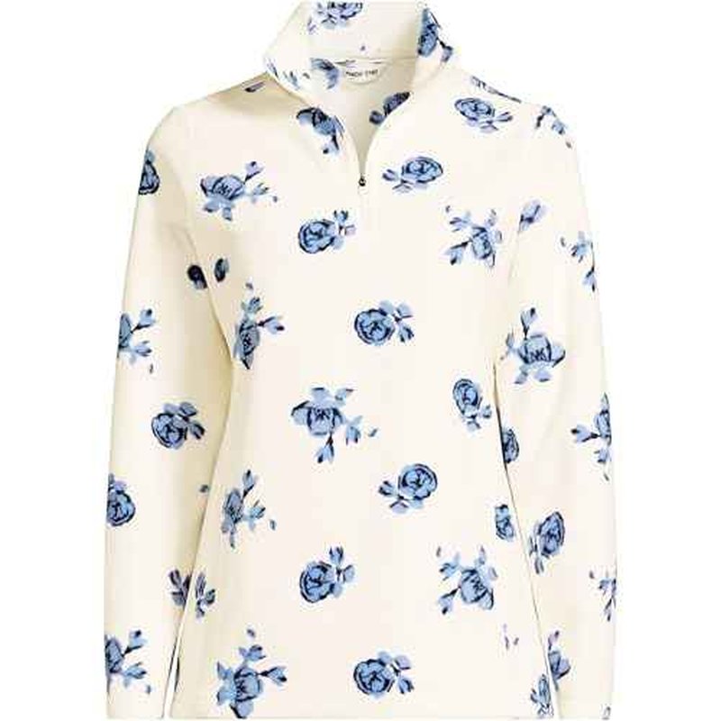 Lands' End Womens Fleece Quarter Zip Pullover Print Ivory/Clear Blue Tossed Floral Plus 3X