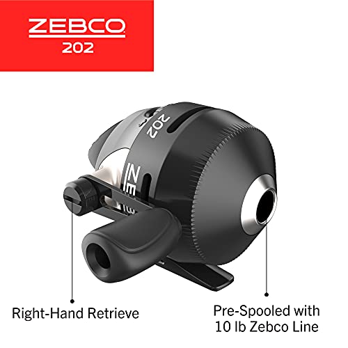 Zebco 202 Spincast Fishing Reel, Size 30 Reel, Right-Hand Retrieve, Durable All-Metal Gears, Stainless Steel Pick-up Pin, Pre-Spooled with 10-Pound Zebco Fishing Line, Black, Clam Packaging