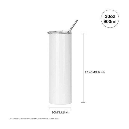 PYD Life Sublimation Blanks Tumbler Skinny 30 OZ Straight Stainless Steel Coffee Cups Mugs with Lid and Metal Straw for Tumbler Press Machine Heat Transfer 4 Pack