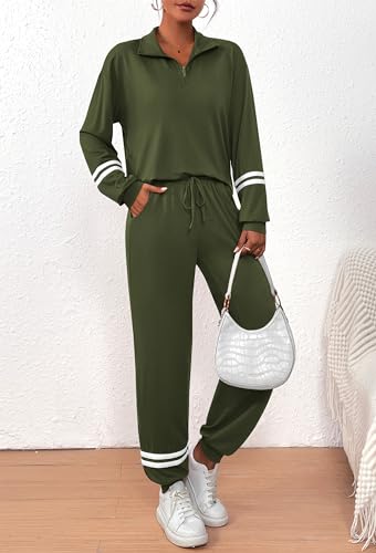 PRETTYGARDEN Women's 2 Piece Tracksuit Sets Striped 1/4 Zip Pullover Tops Long Pants Sweatsuit Outfits (Army Green,Small)