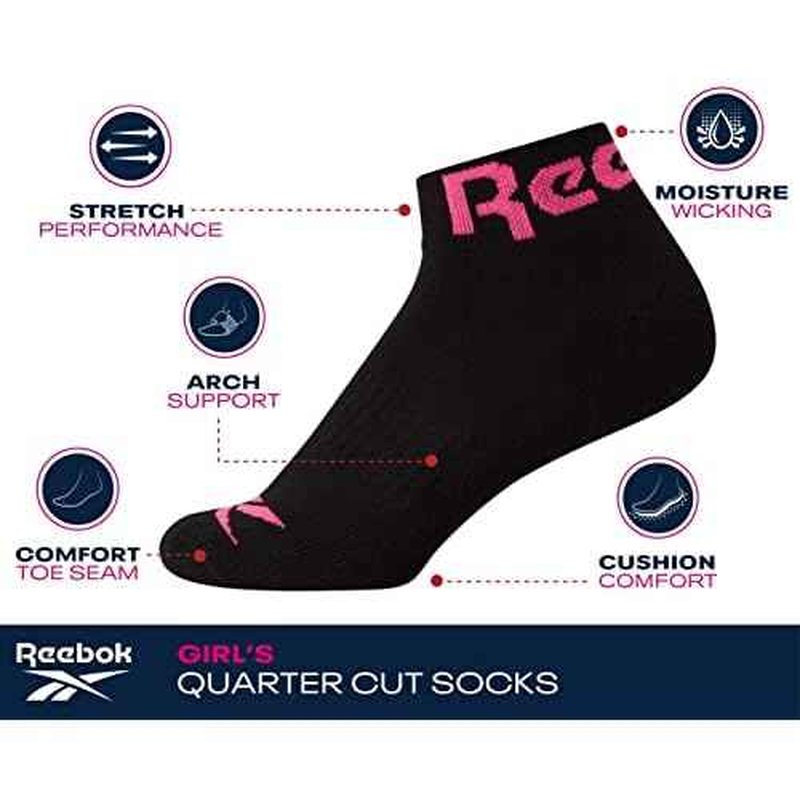 Reebok Girls' Quarter Socks - 12 Pack Stretch Performance Quarter Cut Arch Support Socks - Cushioned Athletic Socks for Girls
