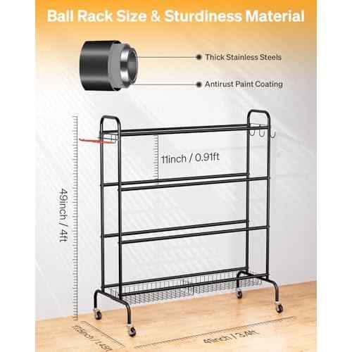 Basketball Rack, Rolling Basketball Shooting Training Stand,Sports Equipment Storage with Wheels, Four-Layer Organizer Holder with Two Basket for Basketballs Footballs Volleyball
