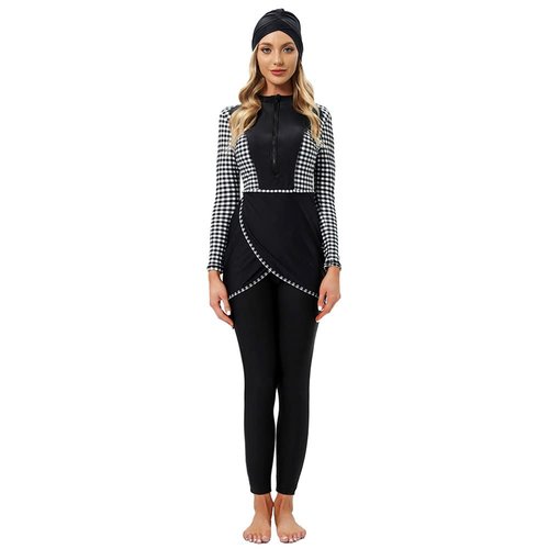 Womens Muslim Islamic Long Sleeves Burkini Swimsuits Swimwear Modest Hijab Burkini Top+Pants Rashguard Swimming Costume Bathing Suit Sport Beachwear Surfing Outfit for Girls Black+White Plaid 2XL