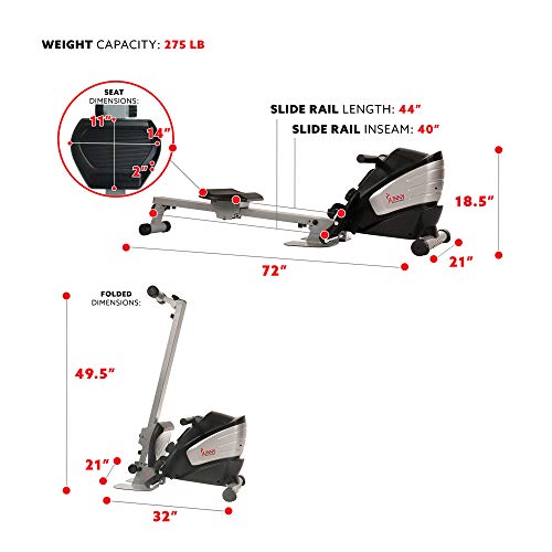 Sunny Health & Fitness Dual Function Magnetic Rowing Machine w/Digital Monitor, Multi-Exercise Step Plates, 275 LB Max Weight and Foldable - SF-RW5622 (Steel)