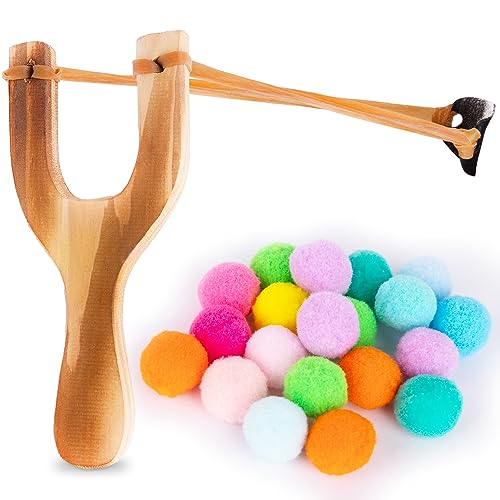 ArtCreativity Wooden Slingshot with 20 Cotton Balls - Wood Slingshot for Kids - Shoots Balls Up to 10 Feet - Soft Balls for Safe Play - Wooden Catapult Outdoor Toys for Kids - Strong Sling Shot Kit