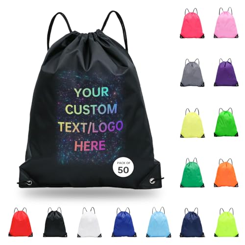 JEOHLORY pack of 50 Custom Bags With Your Logo,Drawstring Backpacks Bulk String Bag,Great for Travelling, Gym and for Everyday Use (Custom black)