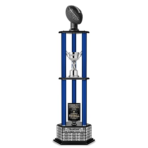 TrophySmack Perpetual Fantasy Football Trophy - Customizable Championship Trophy Award Winner | Free Engraving up to 19 Years Past Winners, 56 Inch Tall (Vivid Black, Blue Columns)