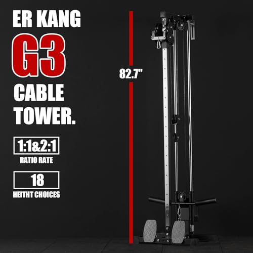 ER KANG Cable Station Wall Mount, 18 Height Pulley Tower, Dual Pulley System, High and Low Cable Machine, LAT Pull-Down & LAT Row LAT Tower with Flip-Up Footplate, Home Gym Cable Crossover, Black