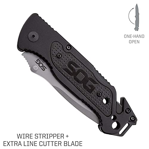 SOG Escape Tactical Folding Pocket Knife- 3.4 Inch Serrated Edge Blade Knife w/ Glass Breaker, Wire Stripper and Line Cutter Blades-Satin (FF25-CP),Black