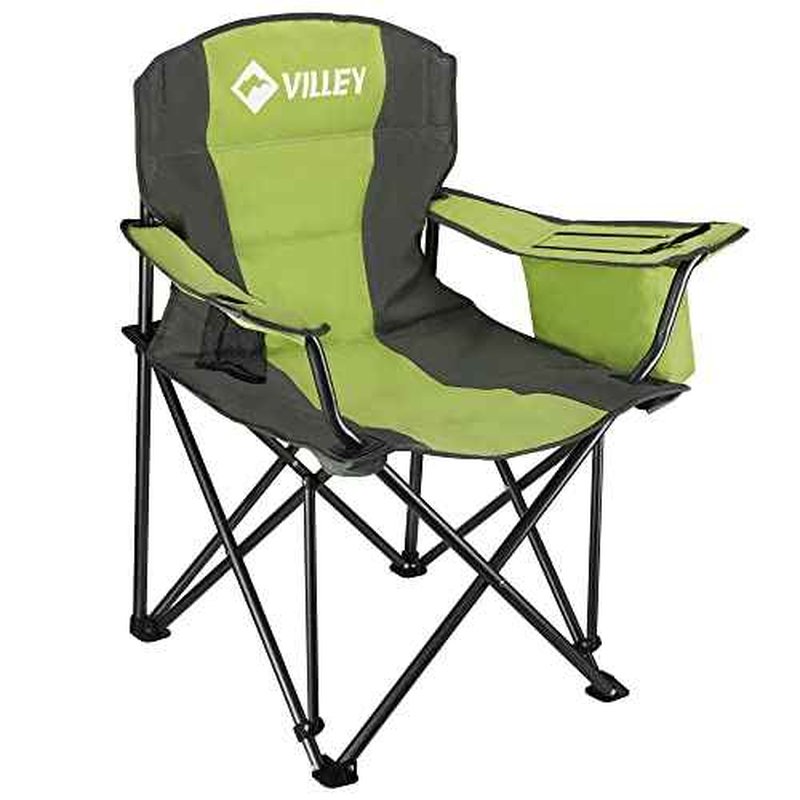 VILLEY Camping Chair, Oversized Folding Camp Chair, Portable Outdoor Chairs Support 400 LBS with Padded Seats, Cooler Bag, Cup Holder, Carry Bag, Green