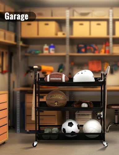 StorageWorks Sports Equipment Organizer with Hooks, Ball Rack Organizer with Wheels, 3-Shelf Ball Rack for Basketball, Football, Volleyball, Medium