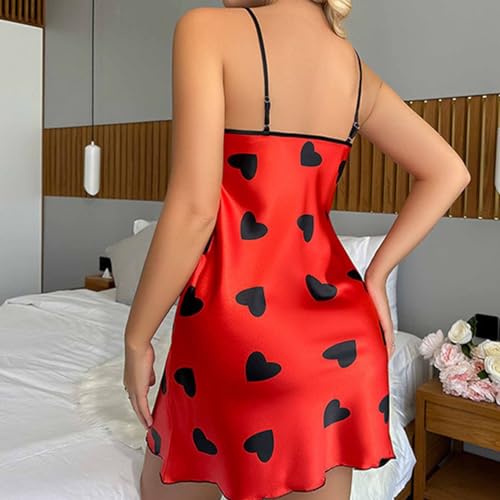 Womens Nightdress Fashion Print Sexy Backless Ice Silk Sling Pajamas Dresses Nightgowns Chemise Sleepwear Lingerie Style002 Red Small