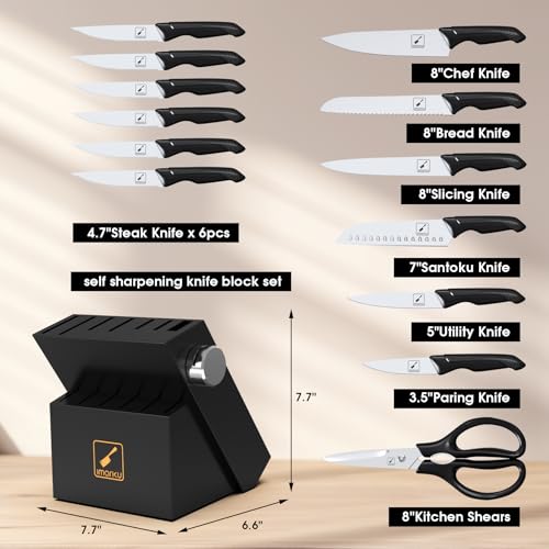 imarku Knife Set with Block, Sharp Knife Set with Built-in Sharpener, Stainless Steel Kitchen Knife Set with Non-Slip Ergonomic Handle, Dishwasher Safe, 14 PCS Professional Knife Set for Gift, Black