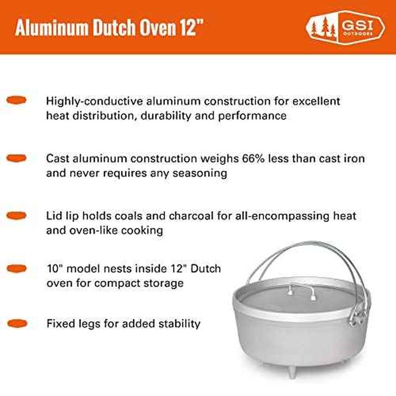 GSI Outdoors Aluminum 12' Dutch Oven | Dutch Oven with Fixed Legs for Camping, Cabin and Home Kitchen