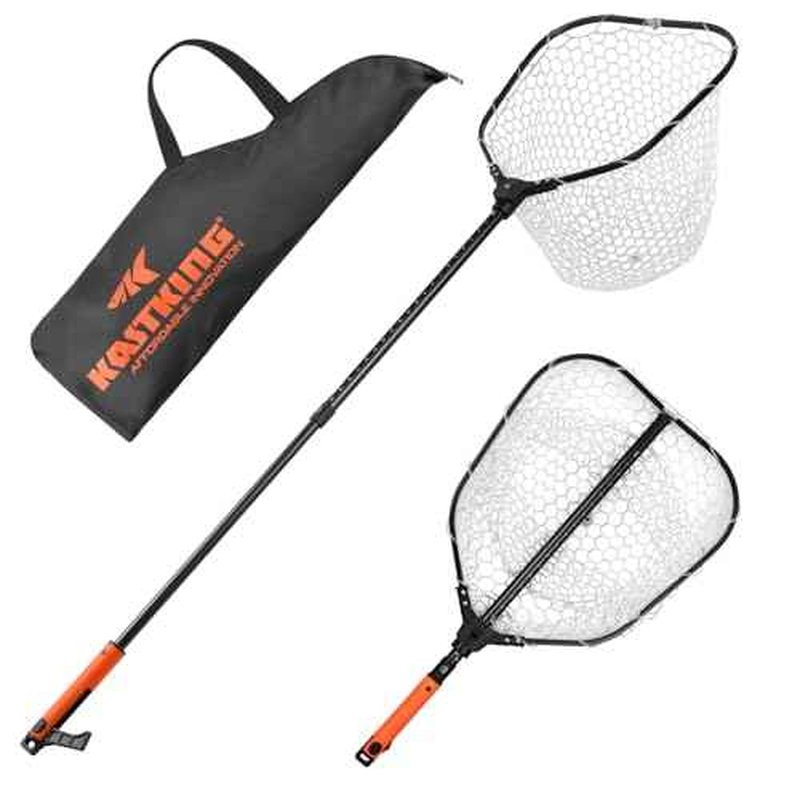 KastKing Brutus Folding Landing Net with Boat Hook, Foldable, Extendable, Lightweight & Strong, Multi-Functional Built-in Boat Hook, Non-Slip & Bright Orange TPR Handle, Two Nets Options