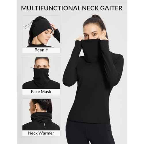 baleaf Women's Thermal Long Sleeve Shirts Fleece Mock Neck Top Warm Undershirts with Detachable Neck Gaiter Thumbholes