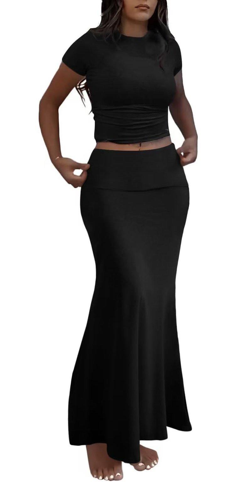 AYWA Skirt Sets for Women Fitted Short Sleeve Crew Neck T Shirt Fold Over Maxi Skirt Two Piece Outfits (Pink, Small)