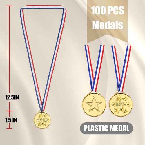 100 Pieces Gold Medals for Kids Medals for Awards Plastic Winner Award Medals for Sports, Competition, Talent Show, Spelling Bee Birthday Party Favors Gifts