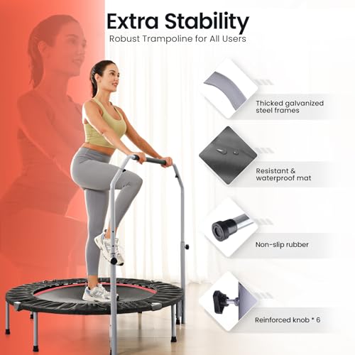 BCAN 40/48" Foldable Mini Trampoline Max Load 330lbs/440lbs, Fitness Rebounder with Adjustable Foam Handle, Exercise Trampoline for Adults Indoor/Garden Workout