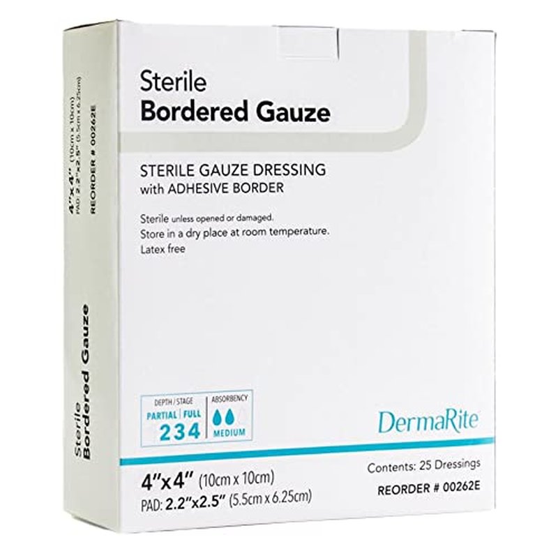 DermaRite's Sterile Bordered Gauze Dressing with Adhesive Border - Flexible Non-Linting Material, First-Aid, Individually Packaged - 4 in. x 4 in., 1 Count, 25 Packs, 25 Total