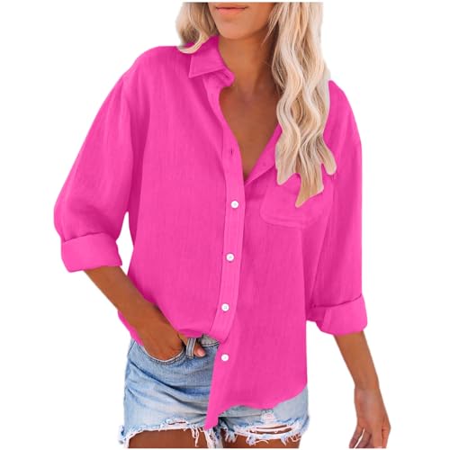 Brnmyaeo Womens Cotton Linen Shirts Casual 3/4 Sleeve Collared Button Down T Shirts Solid Loose Fit Work Blouses with Pocket Hot Pink