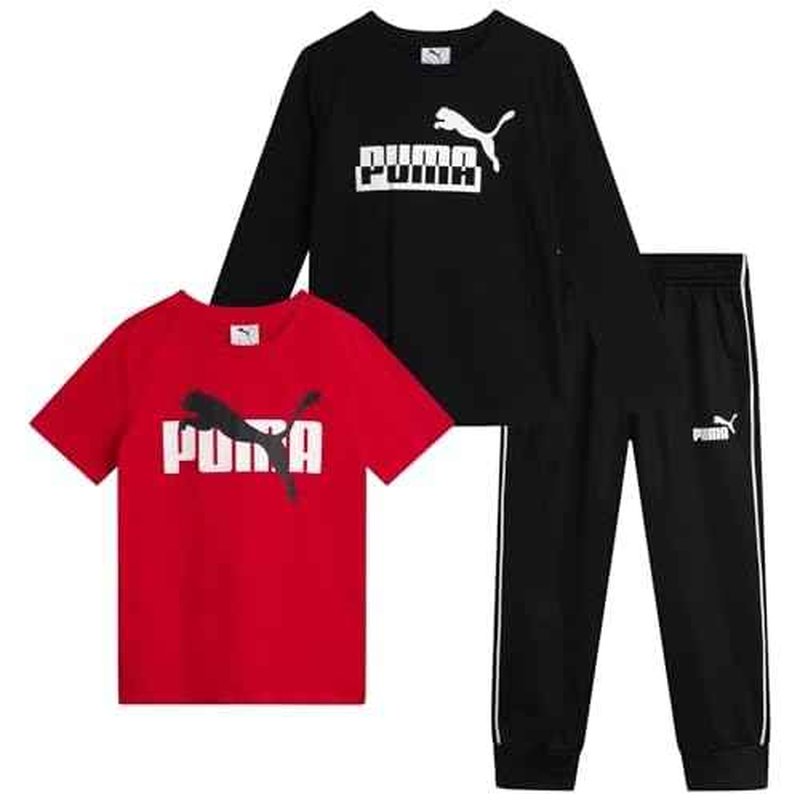 PUMA Toddler Boys Pants Set - 3 Piece Short Sleeve T-Shirt, Long Sleeve T-Shirt and Tricot Pants - Boys Activewear Set, 2T-7