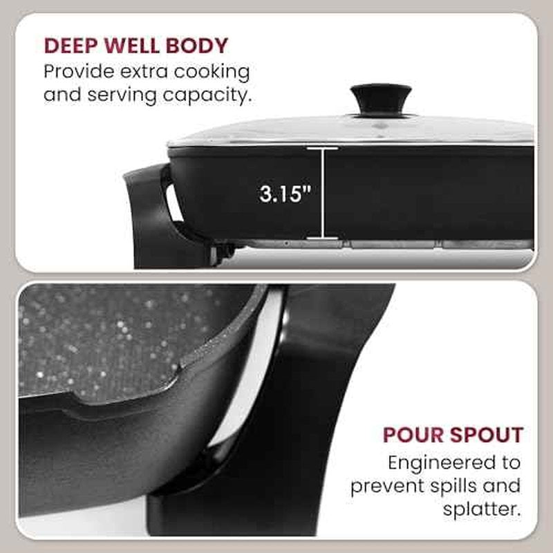Elite Gourmet EG6203 Extra Deep 16"x13"x3.2" (10.5Qt.) Scratch Resistant, Easy Pour Spout, Dishwasher Safe, Non-stick Electric Skillet with Vented Glass Lid, Adjustable Temperature, Black