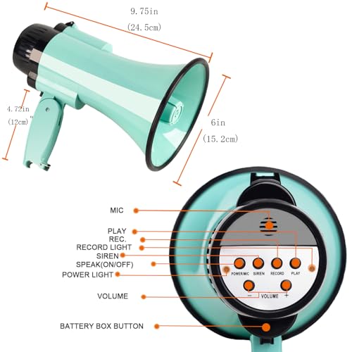 30 Watt Power Portable Megaphone Bullhorn Speaker Voice, Siren/Alarm and 240S Recording with Volume Control and Strap (Teal)