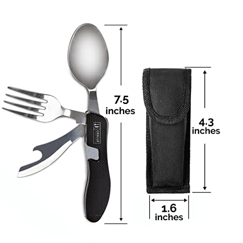 Orblue 4-in-1 Camping Utensils, 2-Pack, Portable Stainless Steel Spoon, Fork, Knife & Bottle Opener Combo Set - Travel, Backpacking Cutlery Multitool, Black