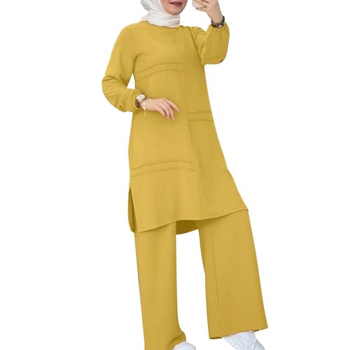 ODIZLI Women's Muslim 2 Pieces Sets Long Sleeve Top Dress and Pants Dubai Abaya Outfits Long Abaya for Women Eid Ramadan Church Prayer Dress for Islamic Arabic Dubai Modest Clothes Yellow CC 2XL