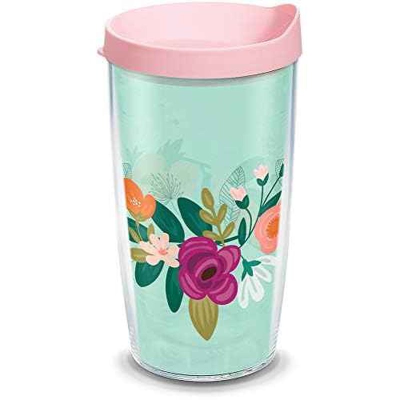Tervis Neo Mint Floral Made in USA Double Walled Insulated Tumbler Travel Cup Keeps Drinks Cold & Hot, 16oz, Classic