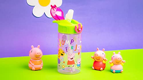 Zak Designs Peppa Pig Kids Water Bottle For School or Travel, 16oz Durable Plastic Water Bottle With Straw, Handle, and Leak-Proof, Pop-Up Spout Cover (Peppa & Friends)