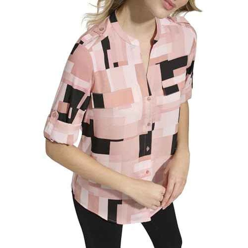 Calvin Klein Womens Printed Roll Tab Sleeve Blouse