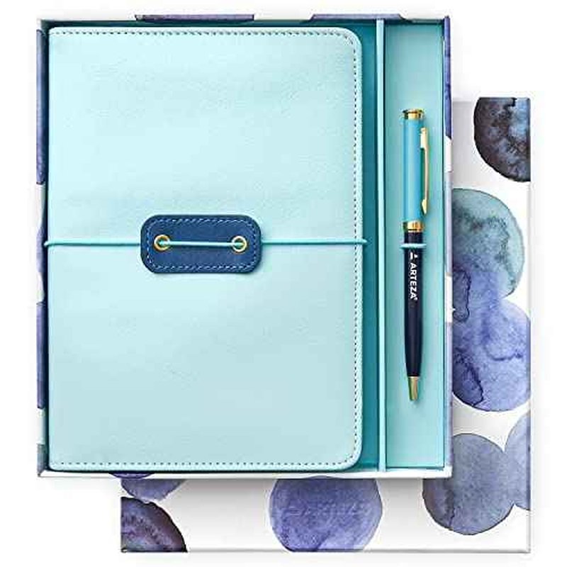 ARTEZA Journal Gift Set, Pack of 2, 6x8 Inches, 70 Sheet Notebooks with Double-Sided Lined and Dotted Paper, Journal Holder, and 1 Black Ink Pen