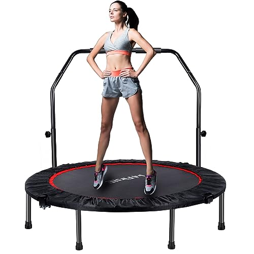 50 Inch Mini Fitness Trampoline for Adults, Foldable Exercise Trampoline with 5 Levels Adjustable Foam Handle, Rebounder Trampoline for Bounce Workout Indoor/Garden Max Load 440lbs