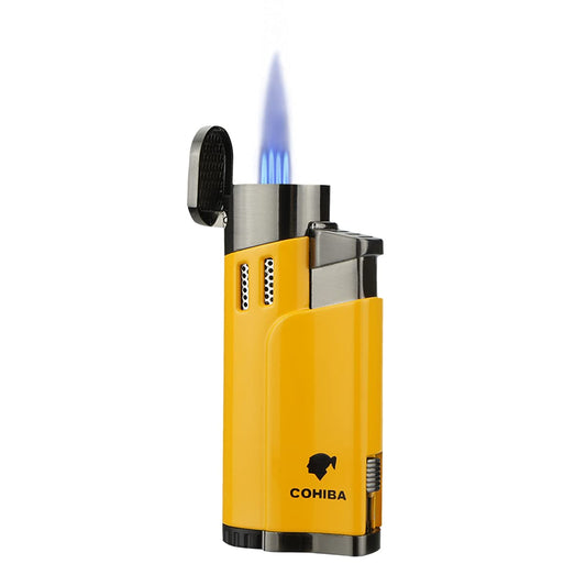 Cigar Lighters Torch with Punch 4 Jet Butane Refillbale Lighter Metal Torches Windproof (Yellow)