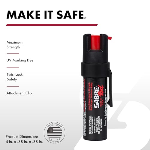 SABRE RED Compact Pepper Spray for Self Defense, Max Police Strength OC Spray, UV Dye, Easy Carry Fast Access Belt Clip, Protect Against Multiple Threats Secure Easy to Use Safety, 0.67 fl oz, 2 Pack