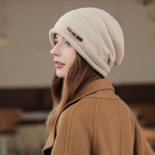 AZJ Women Fleece Slouchy Beanies Winter Oversized Knit Warm Hats Stretch Skull Cap, Black and Beige