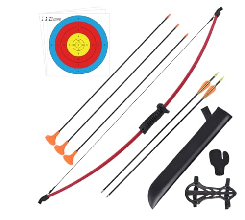 Recurve Bow and Arrow Set Outdoor for Children Youth Junior Archery Beginner Training Includes 2 Types 5 PCS Arrows, Armguard, Quiver, Target Face and Finger Tab