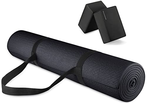 Signature Fitness All-Purpose 1/4-Inch High Density Anti-Tear Exercise Yoga Mat with Carrying Strap, Black