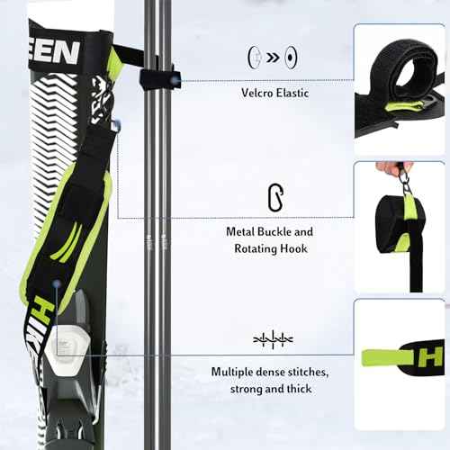 Hikeen Ski Carrier Straps, Poles and Boot Skis Straps with Adjustable Anti-Slip Shoulder Slings & Metal Buckle and Swivel Hook for Men Women Kids