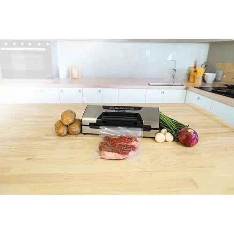 Nesco FreshLock Pro VS-15 Stainless Steel Vacuum Sealer, moist and dry seal, roll storage, 120 watts, with bags and rolls, simple and easy to use