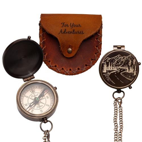 SFdizayn Mountains and Road Engraved Working Handmade Antiqued Brass Compass Gift for Men with ''for Your Adventures'' Stamped Leather Case