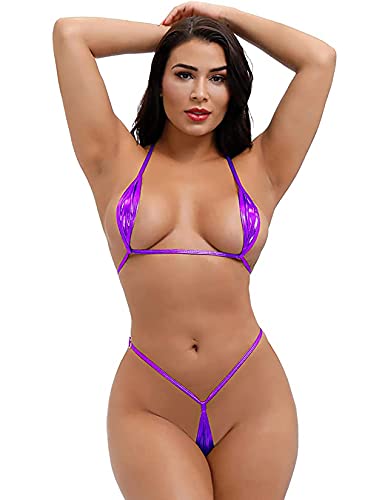 EVAbaby Sexy Women Halter Neck Bra Top Thong Summer Swimwear Mini Micro Bikini Set Purple